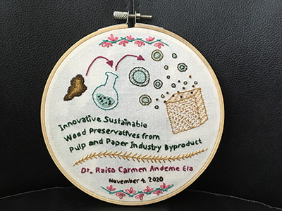 An embroidery design in an embroidery hoop